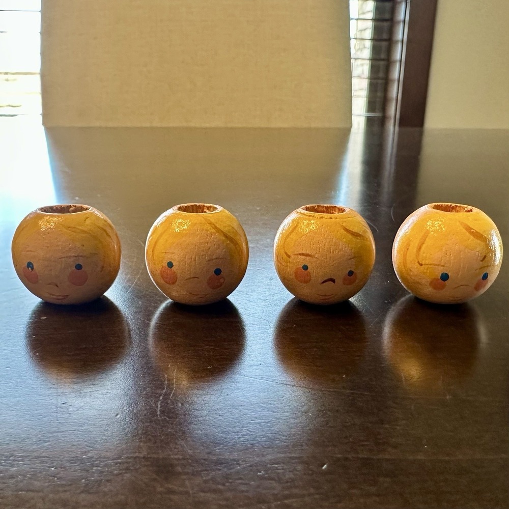 Vintage Wood Beads Painted Faces 1" Wooden Set Of 4